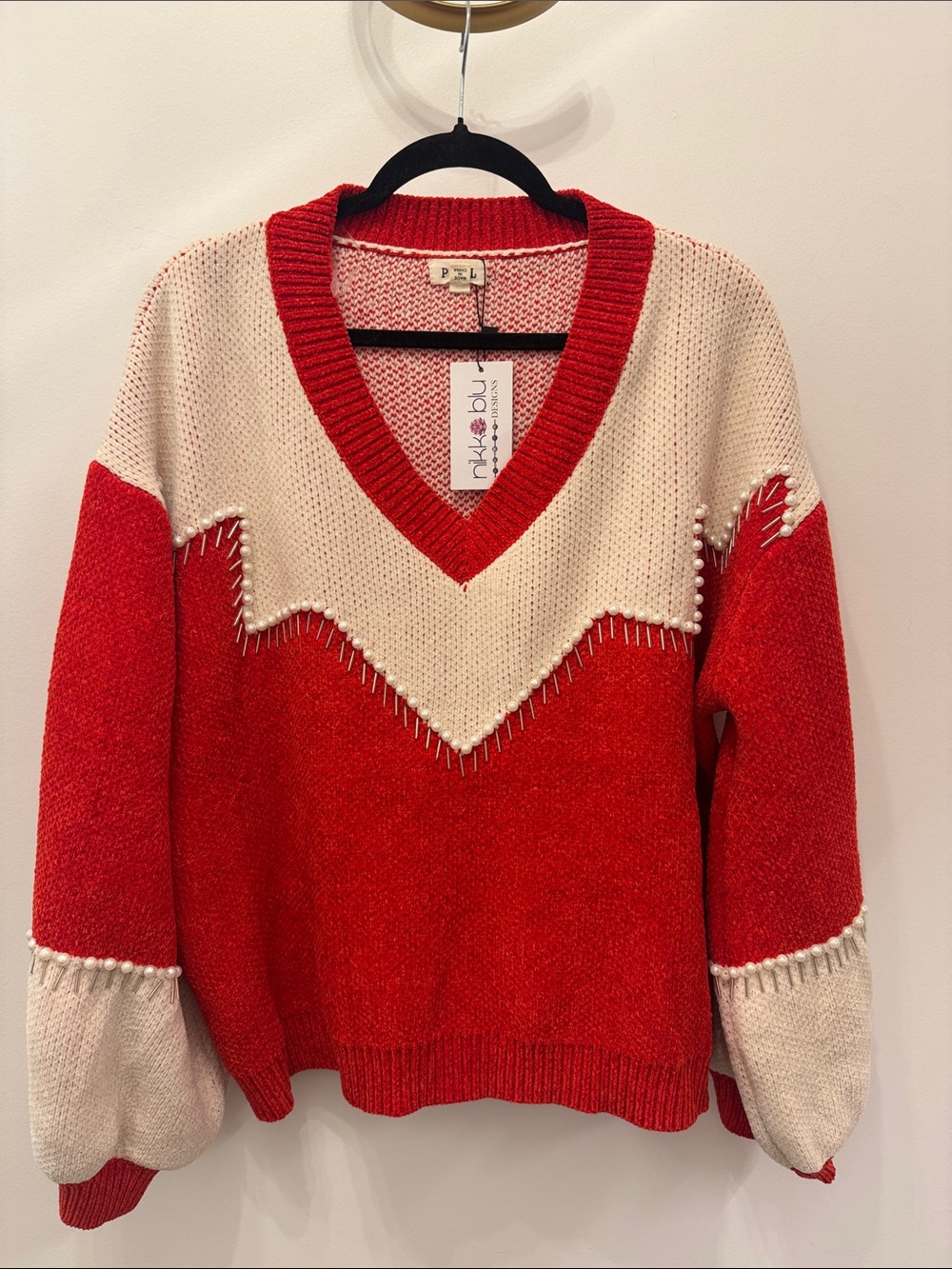 Contrast V-Neck Red and Cream Sweater